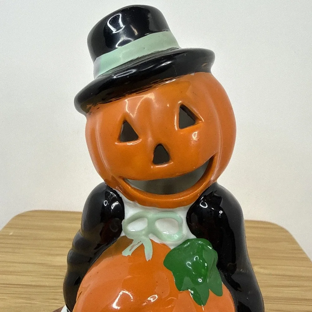 VTG Pumpkin Halloween Jack O Lantern Votive Candle Holder Light‎ Up Head Ceramic